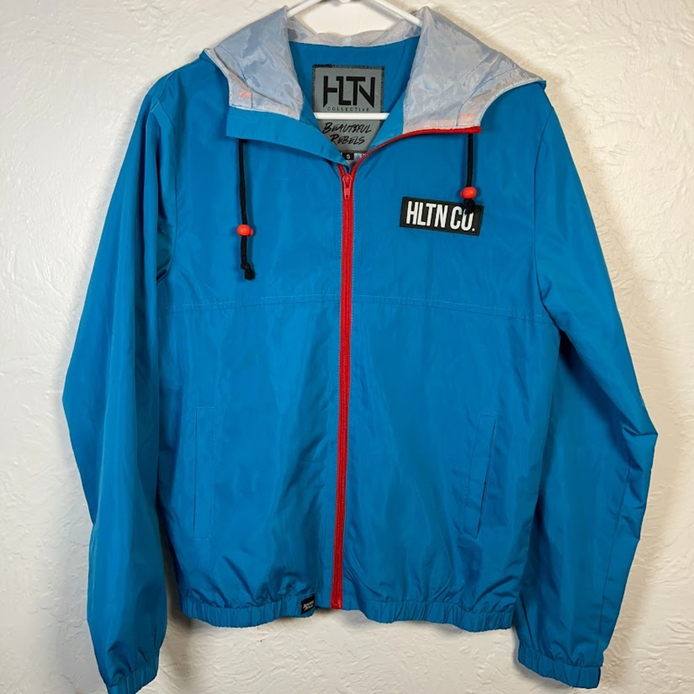 HLTN Collective Beautiful Rebels Windbreaker S Blue Red Zip Hooded Surf Jacket
